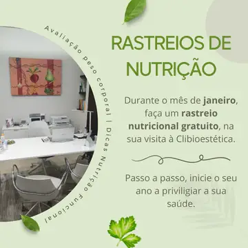 Após a época festiva terminada, com todos os excessos a si associada, naturalmente aliados às festividades, é imperativo cuidar da sua saúde. Neste sentido, a Clibioestética irá disponibilizar rastreios de nutrição gratuitos, de forma a ter consciência da sua composição corporal, e com alguns conselhos e dicas para retomar a sua rotina alimentar - com foco na nutrição funcional e adequada à sua realidade. Os rastreios decorrerão num dia semanal, com a nossa nutricionista, Dra. Sara Leal, às quartas-feiras no período da tarde e quintas-feiras no período da manhã. Contamos consigo.