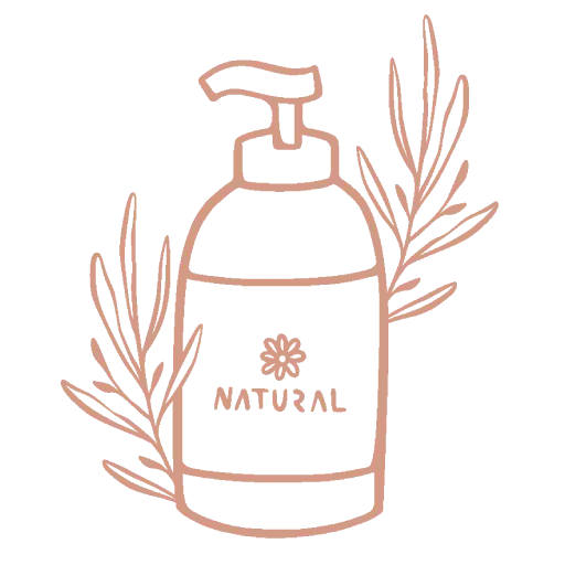 Ícone ilustrativo de um frasco de cosmético natural com doseador e folhas decorativas, representando produtos de cosmética natural e cuidados de pele.